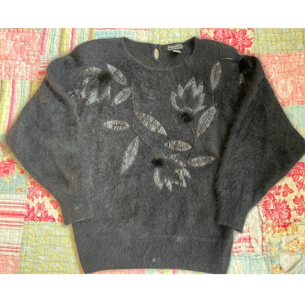 VTG‎ Venesha Black Angora Blend Pullover Sweater SZS Applique Beading Bobbles